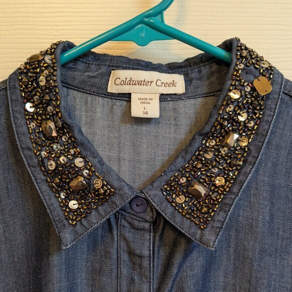 Coldwater Creek Chambray Shirt with Jeweled Collar Size 14 - Picture 2 of 11